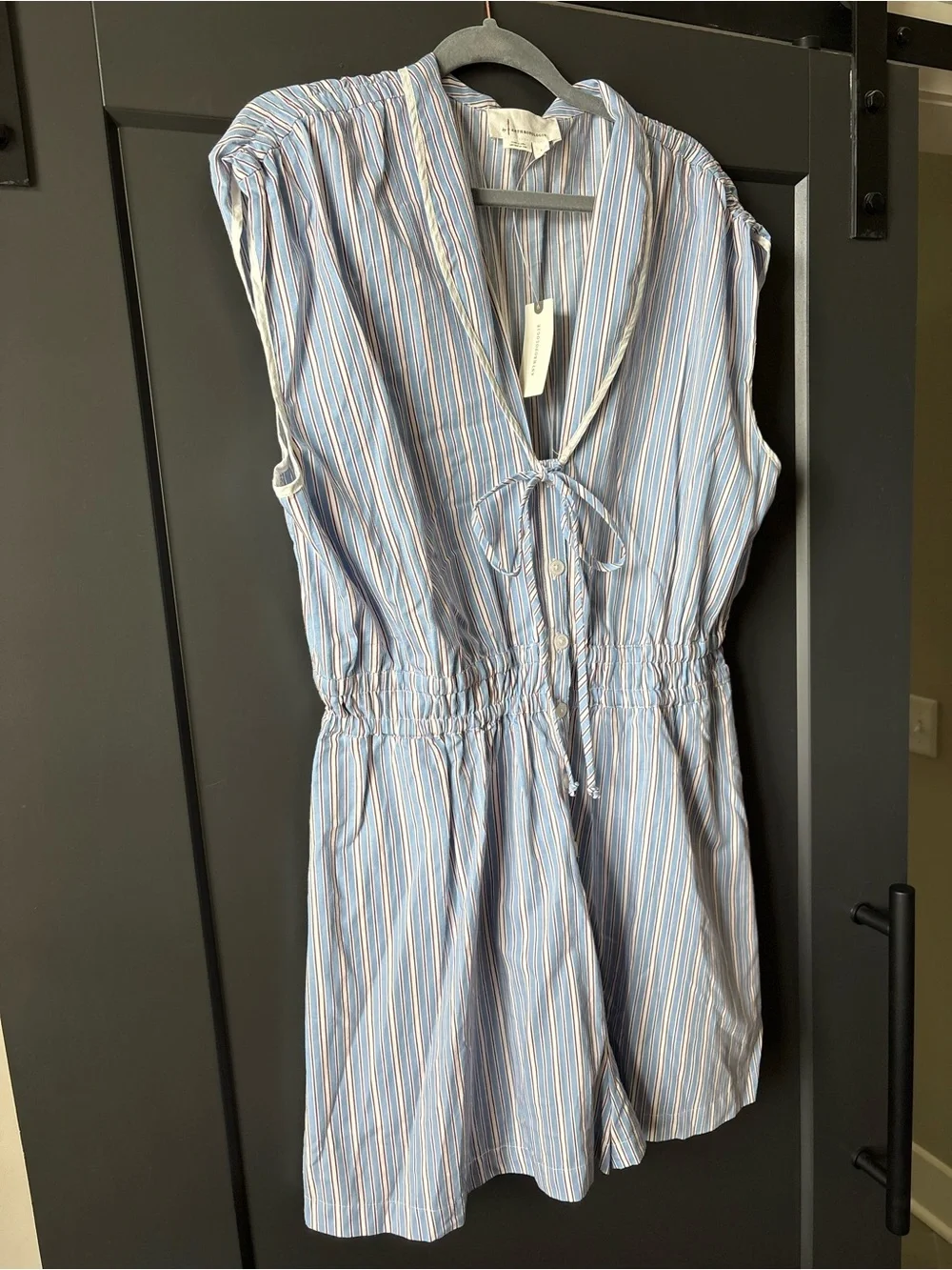 NWT Anthropologie Blue and Red Striped Button-Front Romper